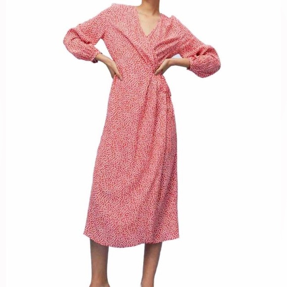 H&M Red Ditsy Floral Wrap Dress Size S Crepe Midi Long Sleeve Romantic - Picture 4 of 12